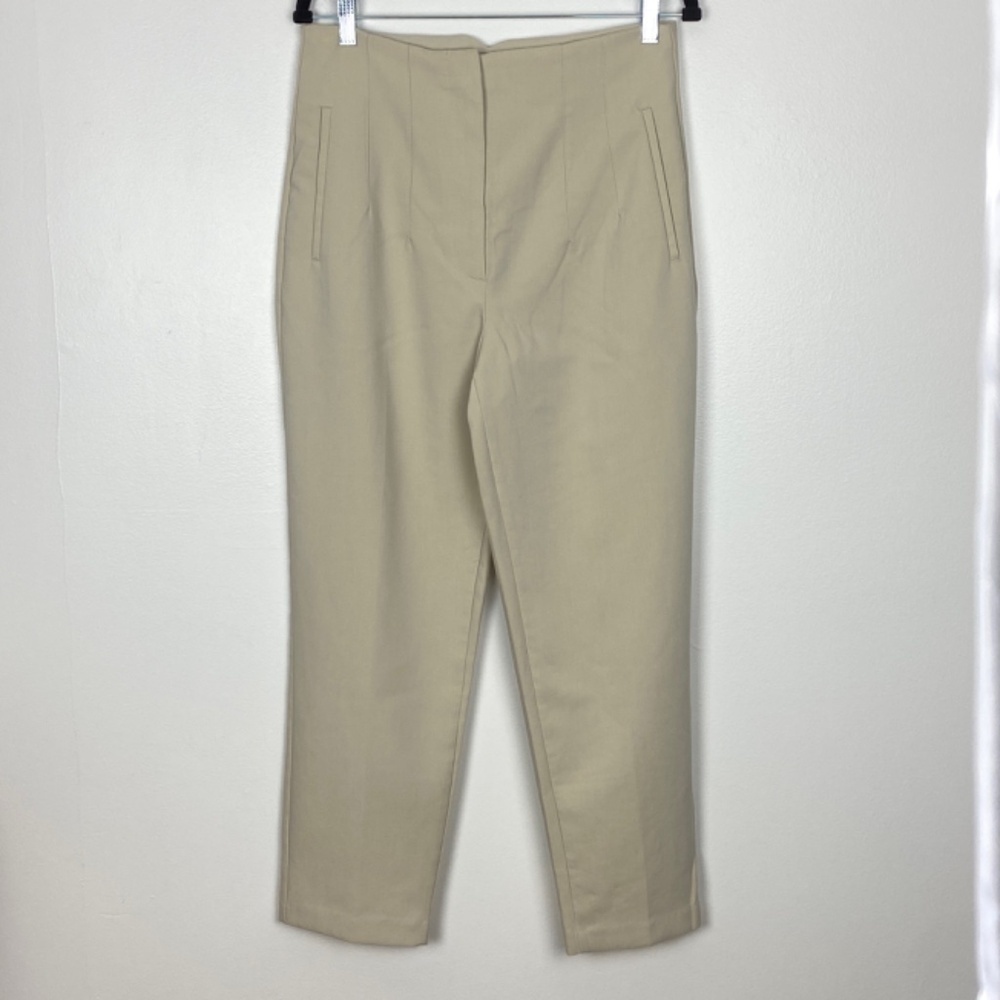Zara Pants Womens Large Cream High Waisted Tapered Leg Trousers Seamed Darts